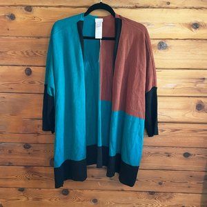 NWT Chico’s Teal Brown and black color block Open Cardigan